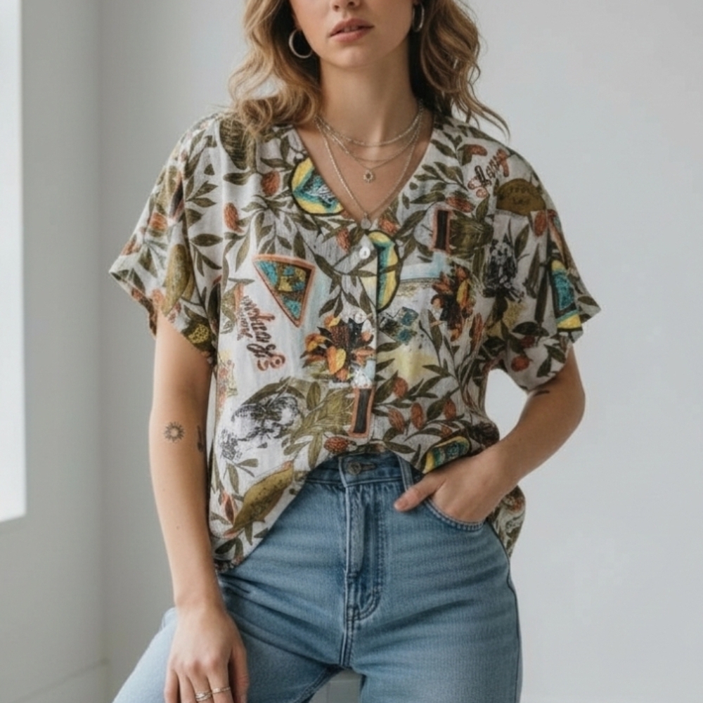 Vintage Women's Nicola Top Size M Graphic Leaf Print Shoulder‎ Pads 90s Tropical